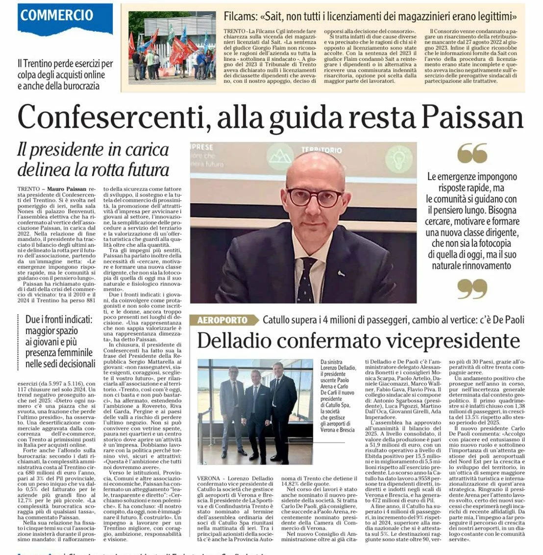 Limmagine mostra una pagina di giornale italiano con in evidenza un ritratto di un uomo in abito e occhiali, accompagnato da un titolo principale che annuncia Confesercenti, alla guida resta Paissan, insieme a notizie su nomine dirigenziali e vari temi economici.