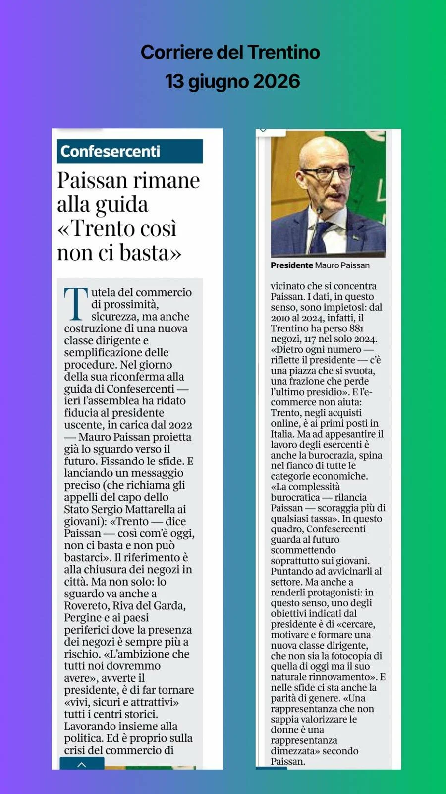Paissan rimane alla guida di Confesercenti "Trento così non ci basta" - Corriere del Trentino 13 giugno 2026
