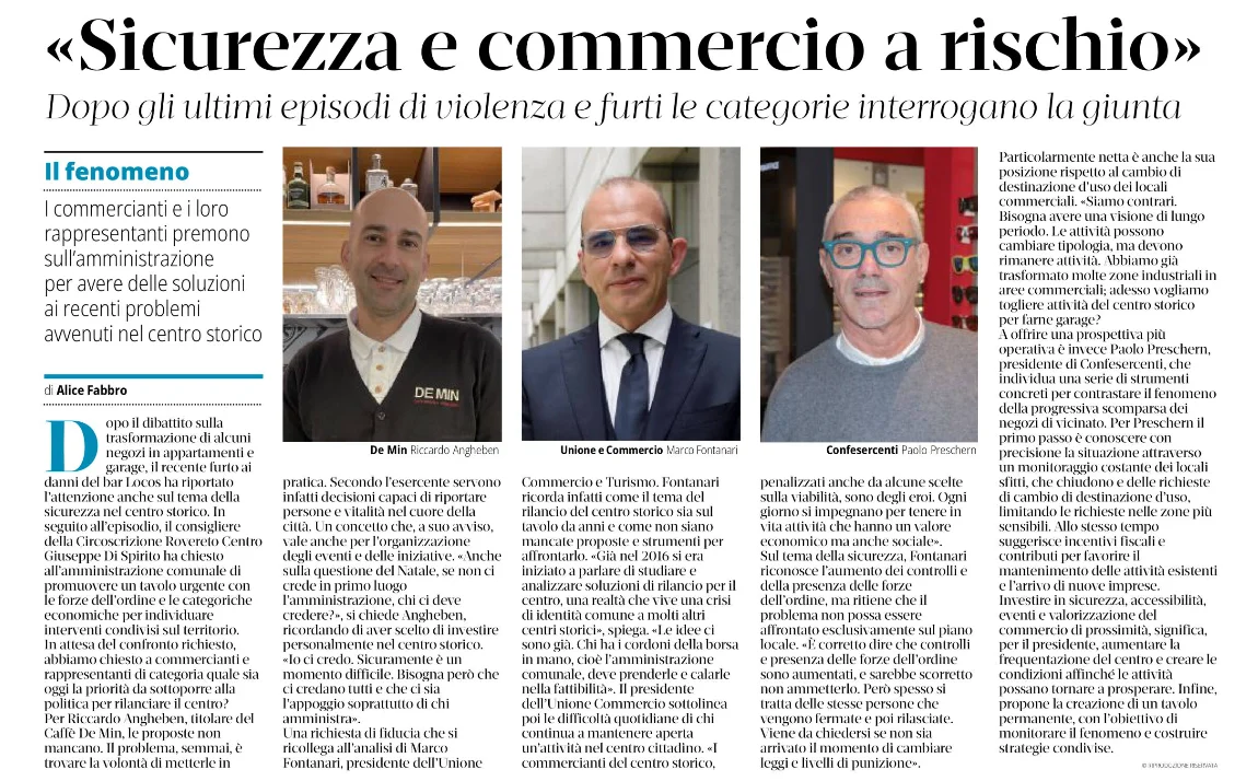 Limmagine mostra un articolo di giornale intitolato sulla sicurezza e il commercio a rischio, che presenta i ritratti di tre uomini e discute dei recenti episodi di violenza e furti nel centro storico.