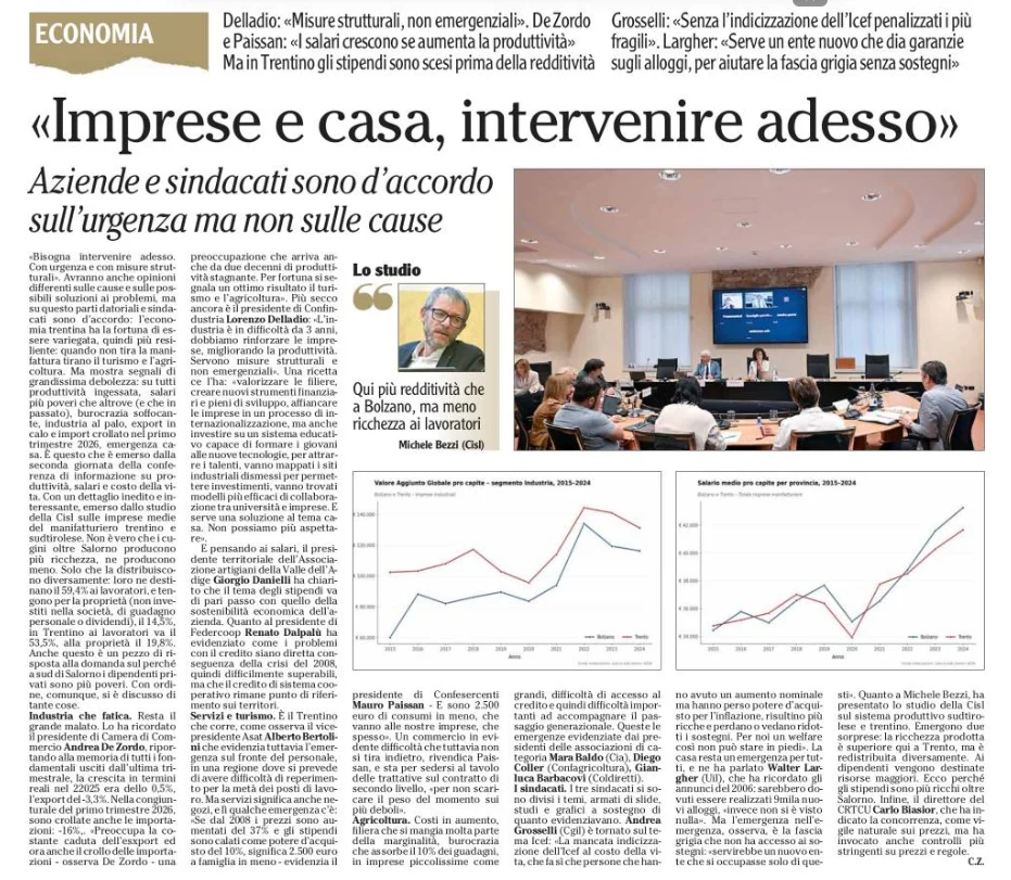 La pagina di un giornale presenta un articolo principale intitolato Imprese e casa, intervenire adesso con una foto di una riunione, due grafici economici, riquadri di testo e il ritratto di un uomo.