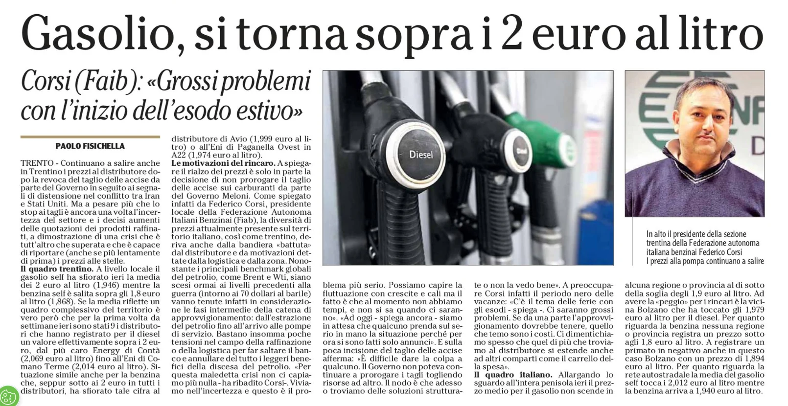 Limmagine mostra una pagina di giornale con i titoli Gasolio, si torna sopra i 2 euro al litro e Corsi Faib: Grossi problemi con linizio dellesodo estivo, affiancata da foto di erogatori di carburante diesel e del presidente Federico Corsi.