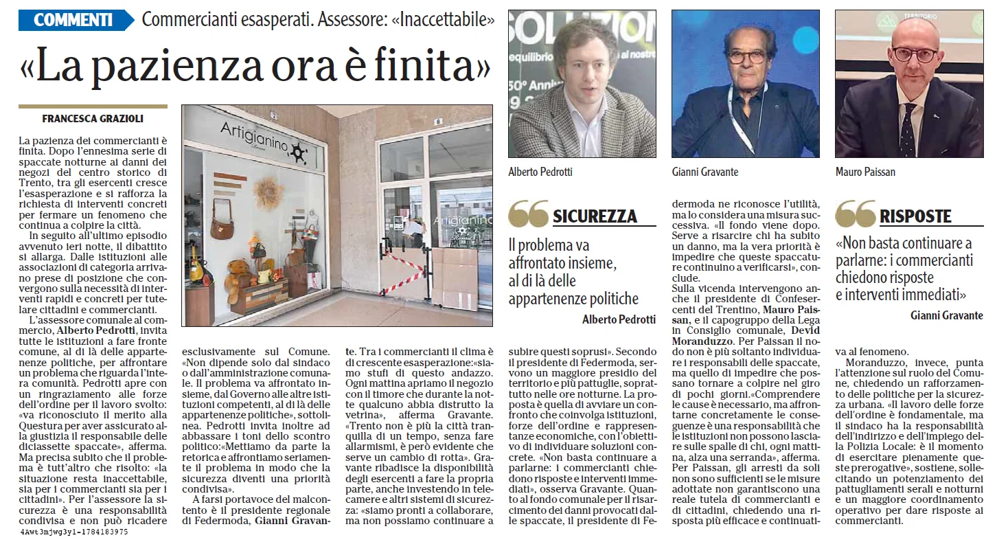 Una pagina di giornale presenta articoli su commercianti esasperati, unimmagine di un negozio con danni visibili e tre ritratti di uomini.