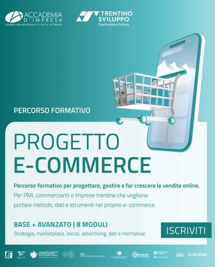 Un poster pubblicitario nei toni del teal e bianco promuove un percorso formativo sulle commerce, raffigurando uno smartphone da cui emerge un carrello della spesa. Un poster pubblicitario nei toni del teal e bianco promuove un percorso formativo sulle commerce, raffigurando uno smartphone da cui emerge un carrello della spesa.