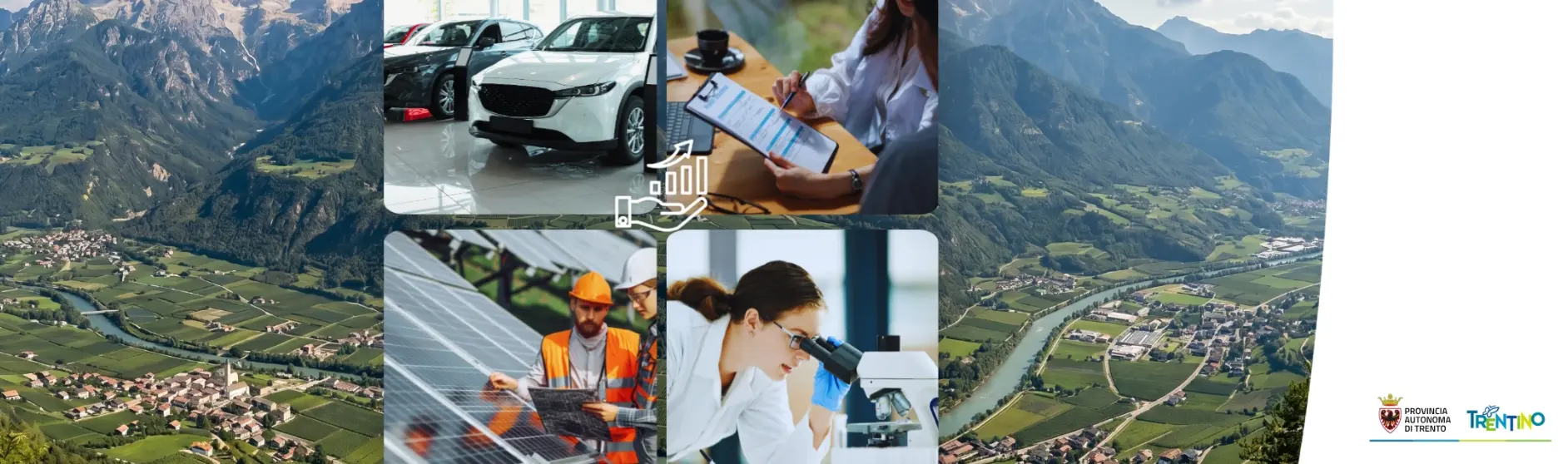 Il collage mostra i paesaggi montani del Trentino con valli, fiumi e paesi, insieme a scene di commercio di automobili, sviluppo economico, energia solare e ricerca scientifica.