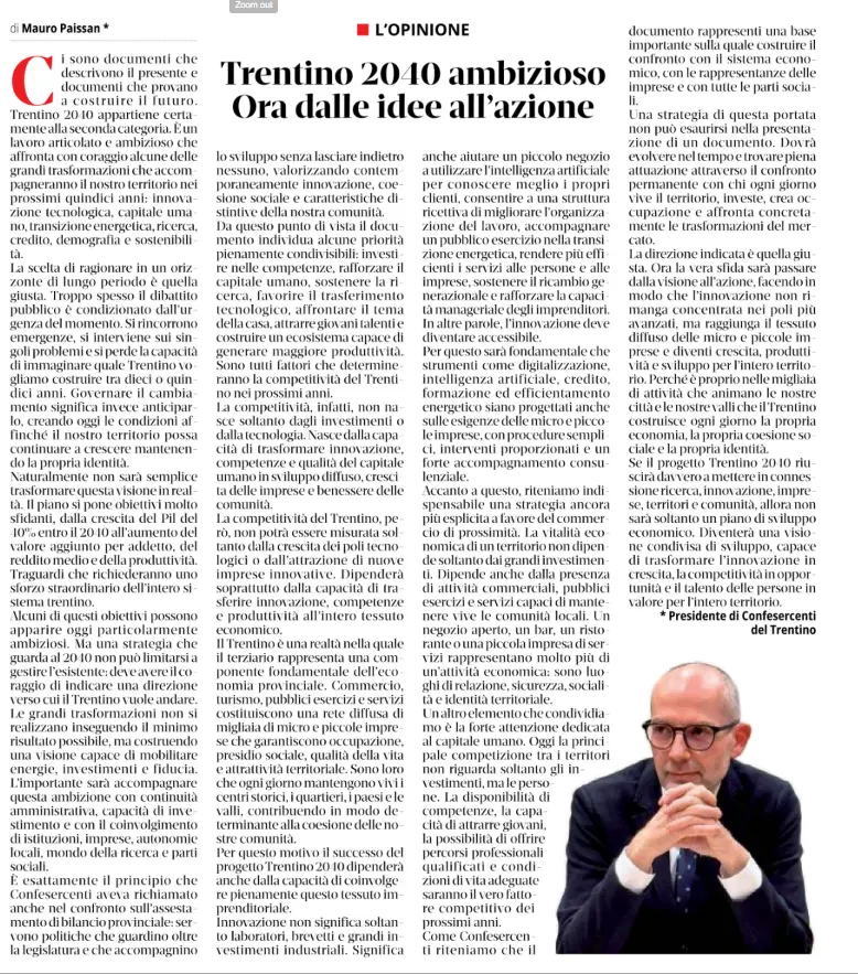 Limmagine mostra la pagina di un articolo di opinione in lingua italiana, con un titolo principale in evidenza e la fotografia di un uomo calvo con gli occhiali in basso a destra.