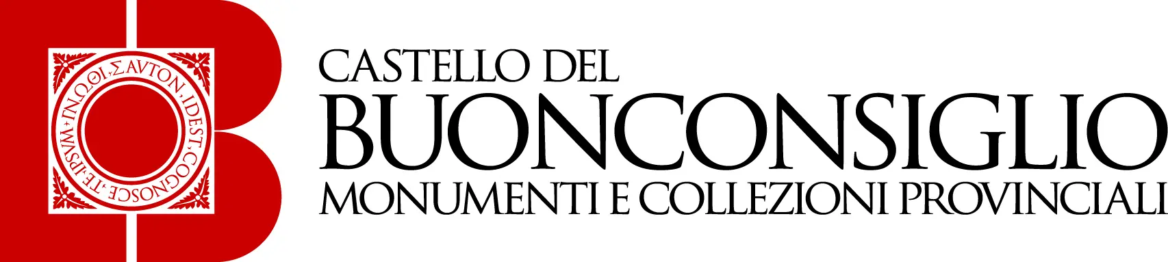 Limmagine mostra un logo rosso stilizzato a forma di B, al cui interno si trova un emblema circolare con scritte in greco, affiancato dal testo nero CASTELLO DEL BUONCONSIGLIO MONUMENTI E COLLEZIONI PROVINCIALI.