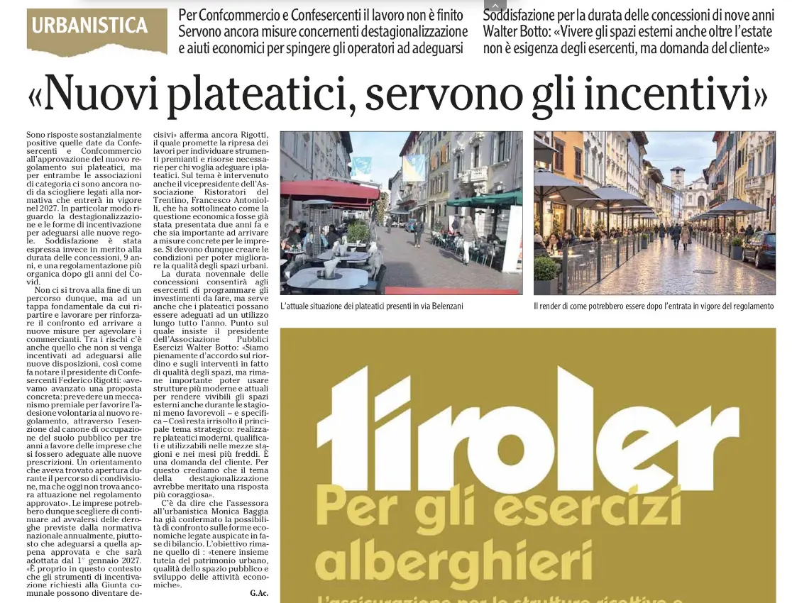 La pagina di giornale presenta articoli sullurbanistica e i nuovi plateatici, con fotografie che mostrano vie cittadine con tavolini allaperto e unimmagine pubblicitaria parzialmente visibile in basso.