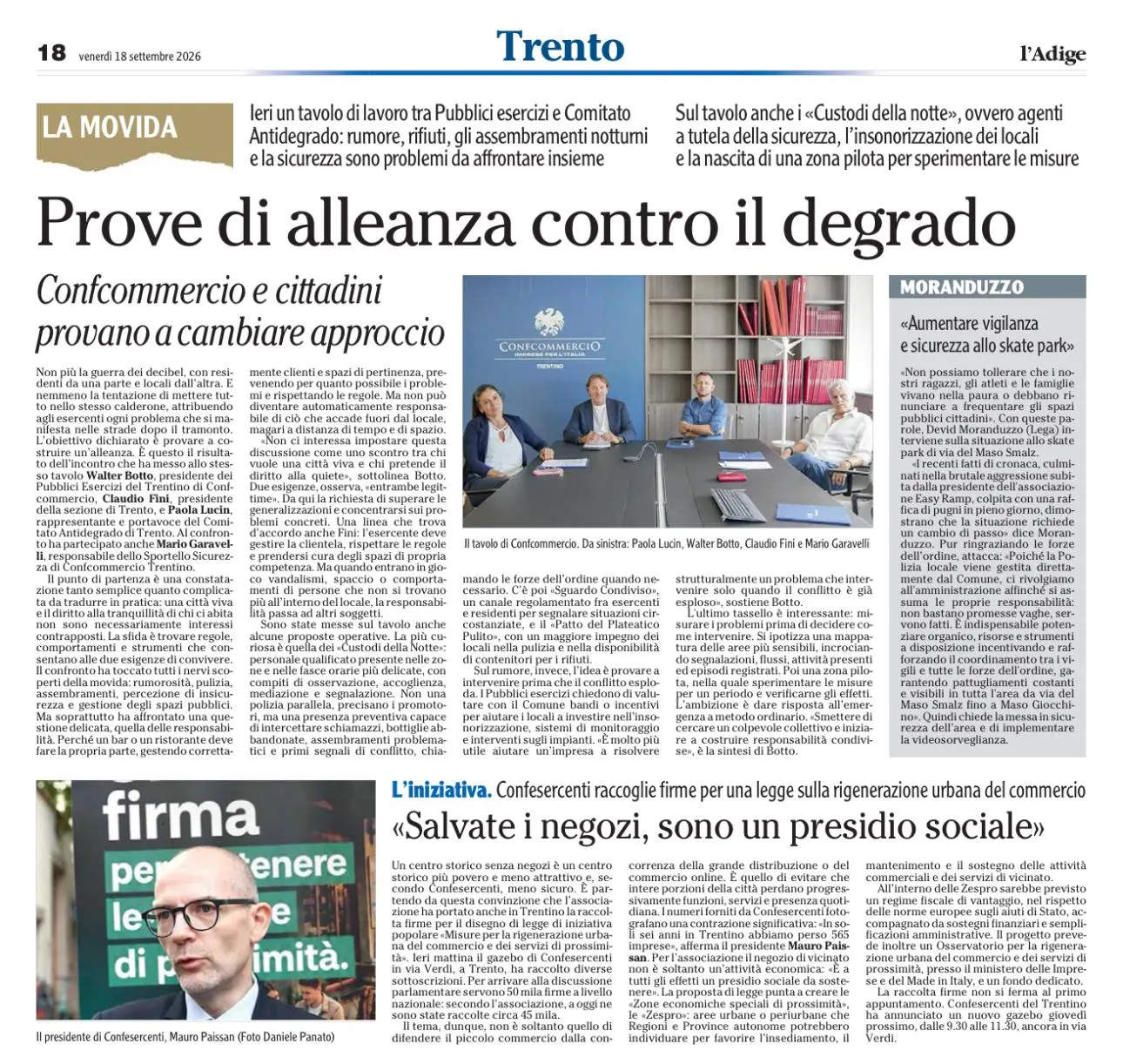 La pagina di giornale raffigura un tavolo di persone in riunione con il logo Confcommercio, illustrando articoli su unalleanza contro il degrado urbano, la sicurezza e la salvaguardia dei negozi locali.