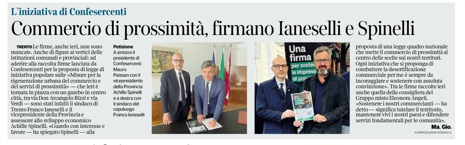 Limmagine mostra un articolo di giornale con il titolo Commercio di prossimità, firmano Ianeselli e Spinelli e diverse fotografie di uomini in abito, alcuni intenti a firmare e altri a mostrare un manifesto di una petizione.