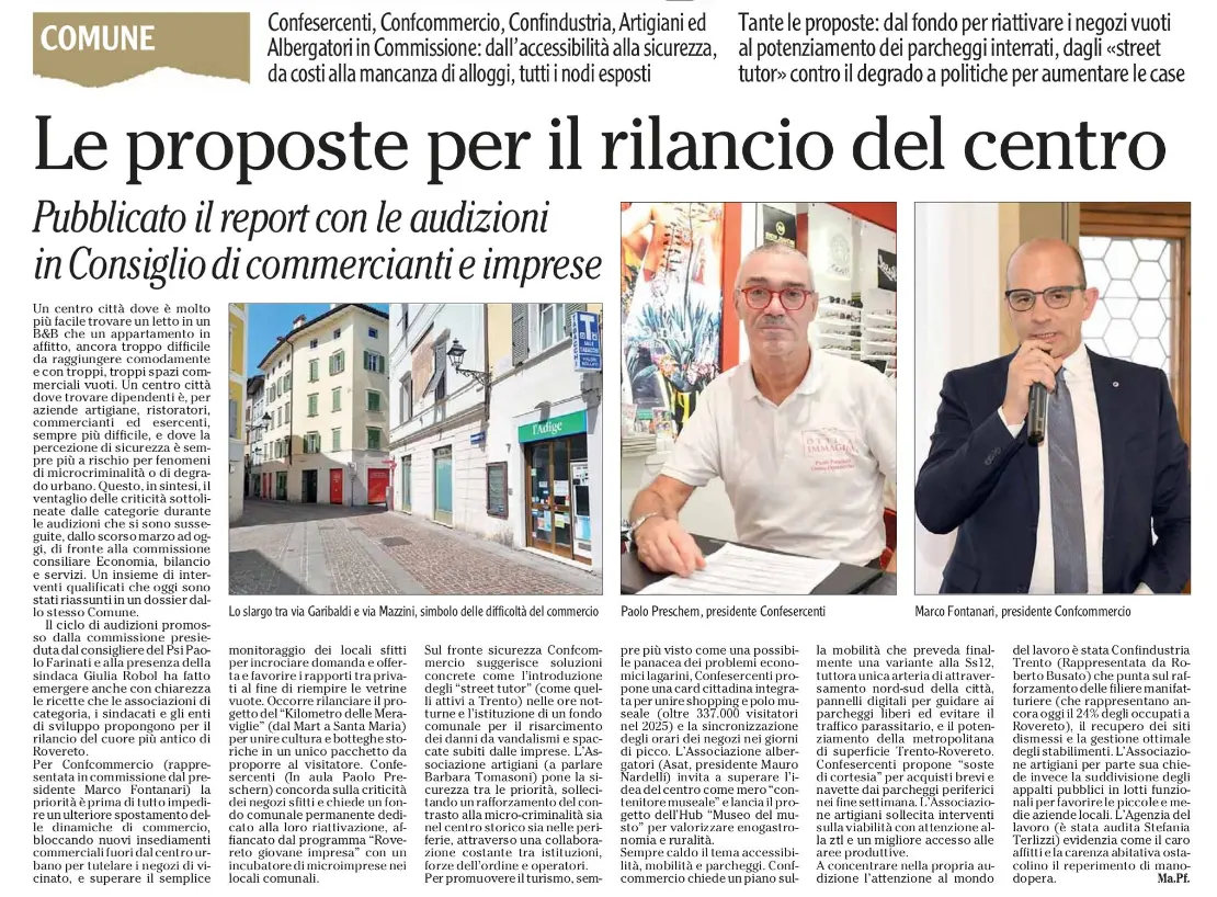 La pagina di giornale mostra un articolo principale sulle proposte per il rilancio del centro urbano, corredato da fotografie di una strada cittadina e di due presidenti di associazioni di categoria.