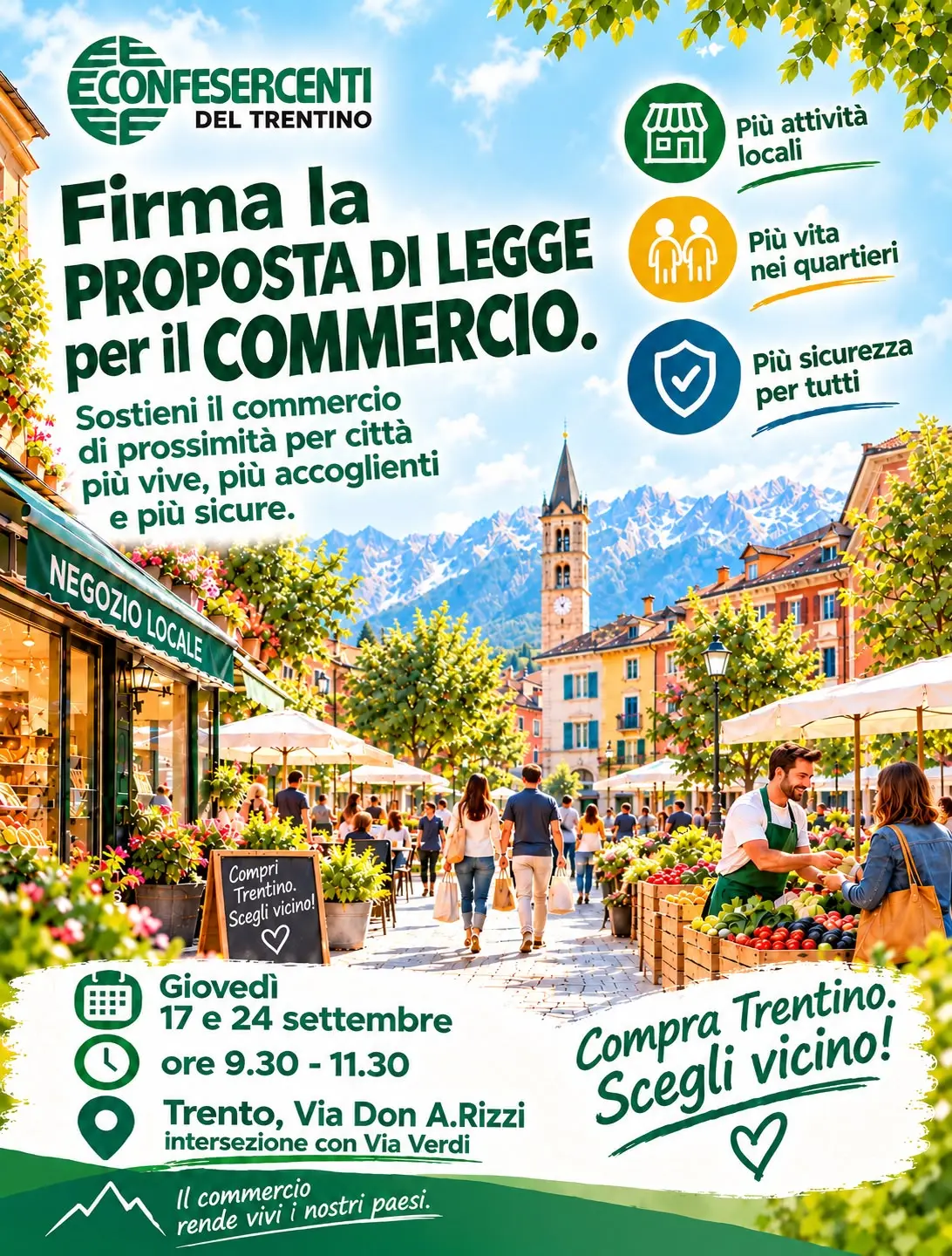 Limmagine presenta una vivace strada cittadina italiana con persone che passeggiano tra negozi, un mercato di prodotti freschi, edifici colorati e montagne sullo sfondo, insieme a testi che promuovono il commercio locale e una proposta di legge. Limmagine presenta una vivace strada cittadina italiana con persone che passeggiano tra negozi, un mercato di prodotti freschi, edifici colorati e montagne sullo sfondo, insieme a testi che promuovono il commercio locale e una proposta di legge.