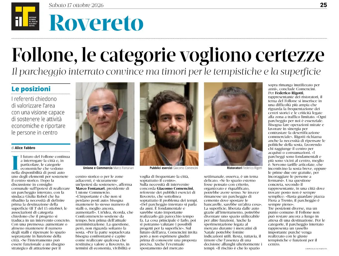 La pagina di un quotidiano mostra un articolo sul progetto Follone, intitolato Follone, le categorie vogliono certezze, corredato da tre ritratti di uomini e testo.