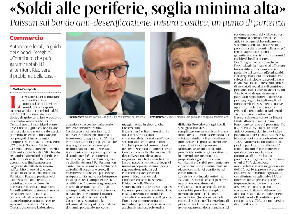 Limmagine raffigura due uomini, identificati come i presidenti Mauro Paissan e Michele Cereghini, allinterno di un articolo di giornale che tratta di fondi per le periferie e di misure contro la desertificazione. Limmagine raffigura due uomini, identificati come i presidenti Mauro Paissan e Michele Cereghini, allinterno di un articolo di giornale che tratta di fondi per le periferie e di misure contro la desertificazione.