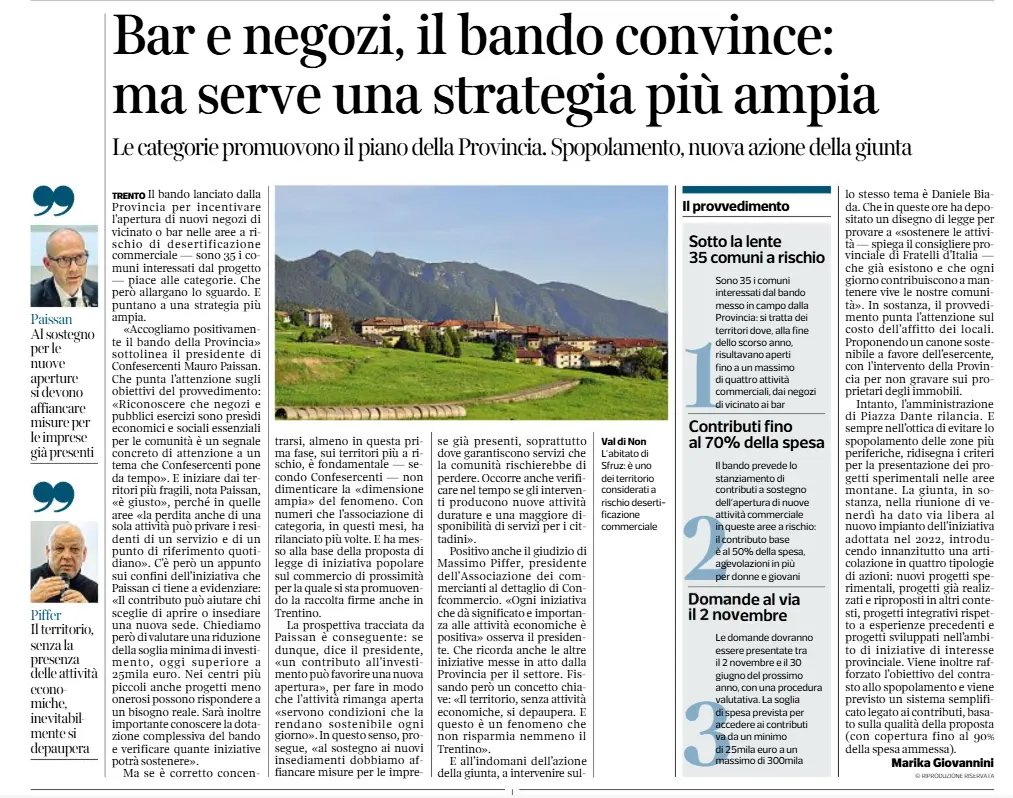 La foto mostra una pagina di giornale con il titolo Bar e negozi, il bando convince: ma serve una strategia più ampia, illustrata da ritratti di persone e un paesaggio di un paese montano.