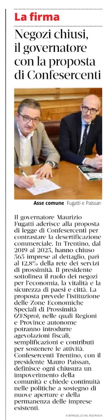 Limmagine mostra un articolo di giornale con il titolo Negozi chiusi, il governatore con la proposta di Confesercenti, accompagnato da una fotografia di due uomini, identificati come Fugatti e Paissan, seduti a un tavolo, con uno di loro che sta scrivendo.