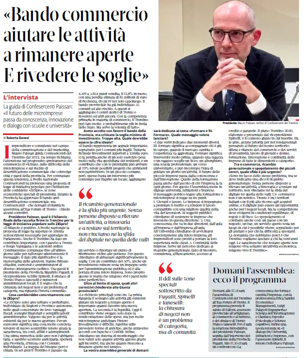 Questa immagine mostra una pagina di giornale con un articolo principale sul commercio, unintervista a Mauro Paissan di Confesercenti Trentino e una sua fotografia.