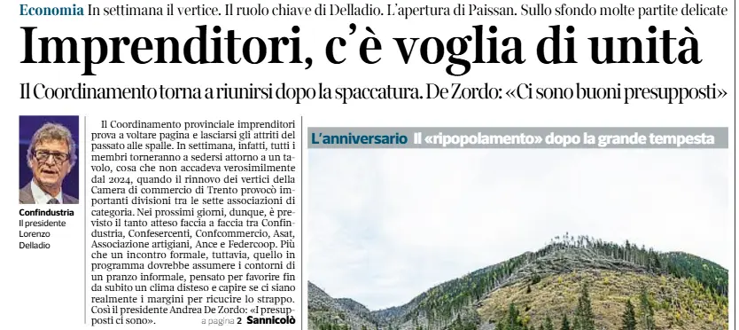 Il contenuto visibile è una pagina di quotidiano che presenta titoli di economia, il ritratto di un uomo e una fotografia di una montagna colpita da una tempesta.